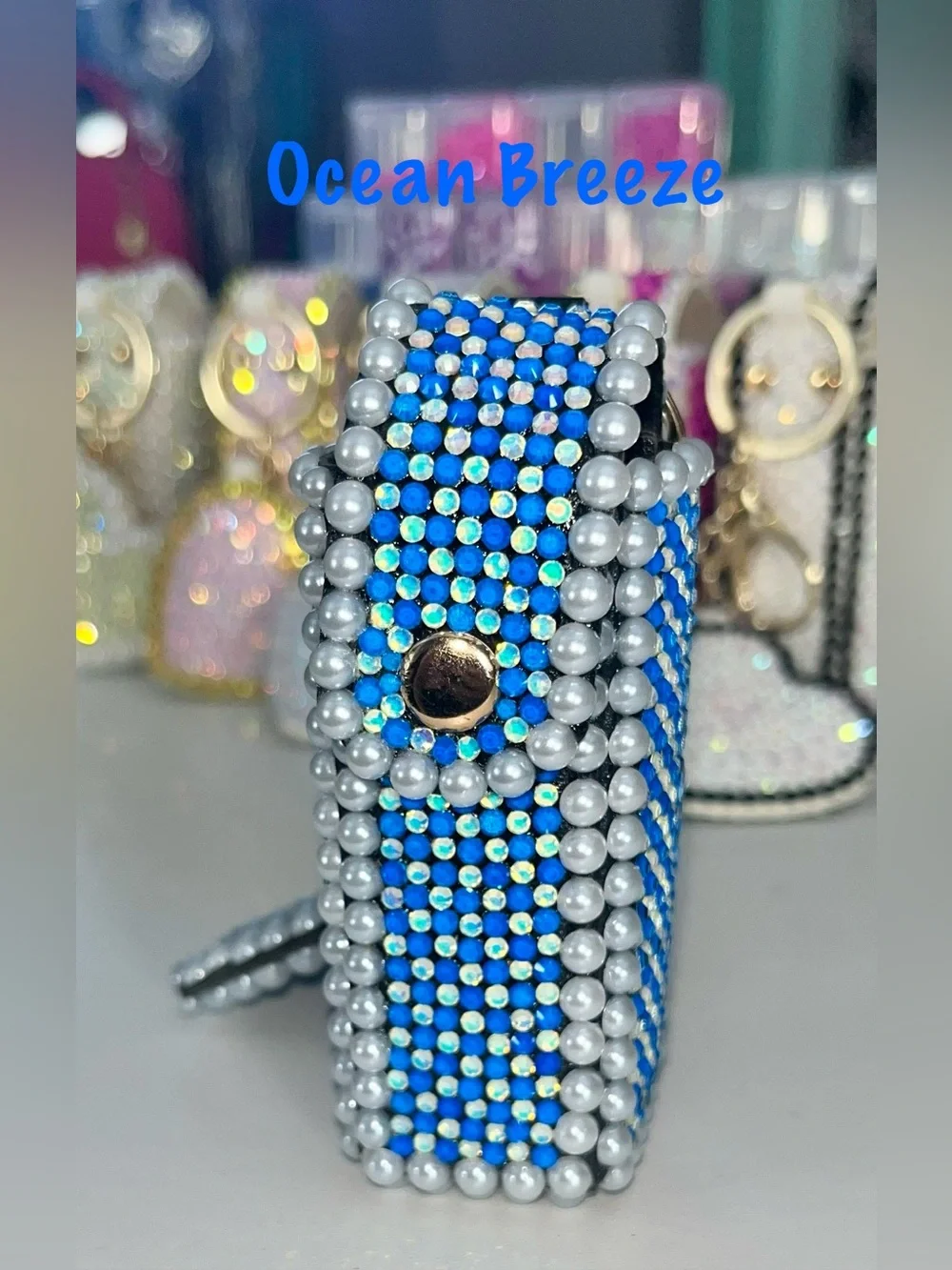 Hand Crafted Ocean Breeze Crystal Lipstick Case and Mirror Keychain